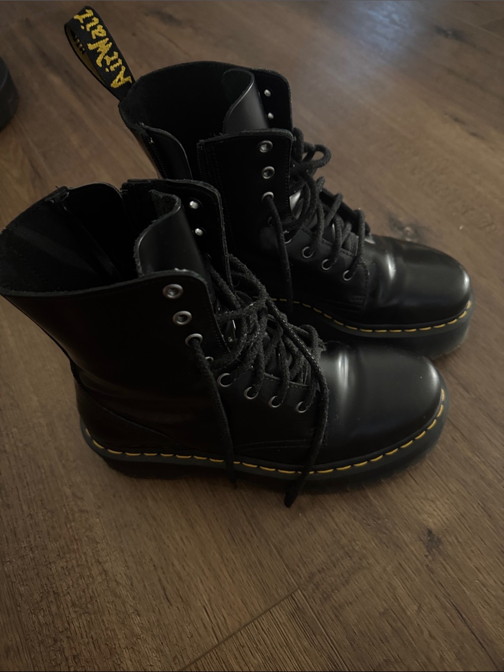 Dr. Martens Black Leather Lace-Up Combat Boots with Yellow Stitching
